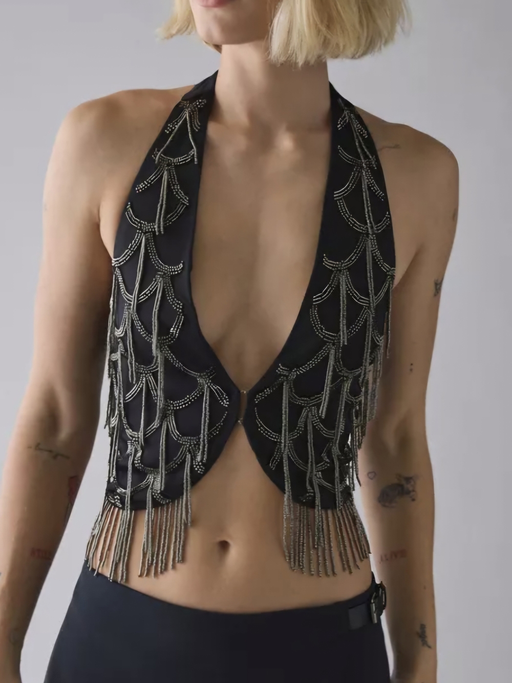 Urban Outfitters Black Halter Beaded Fringe Camisole Size XL